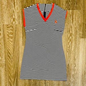 Vintage Mod Nautical Mini Dress – Navy & White Stripes with Red Trim – Size M